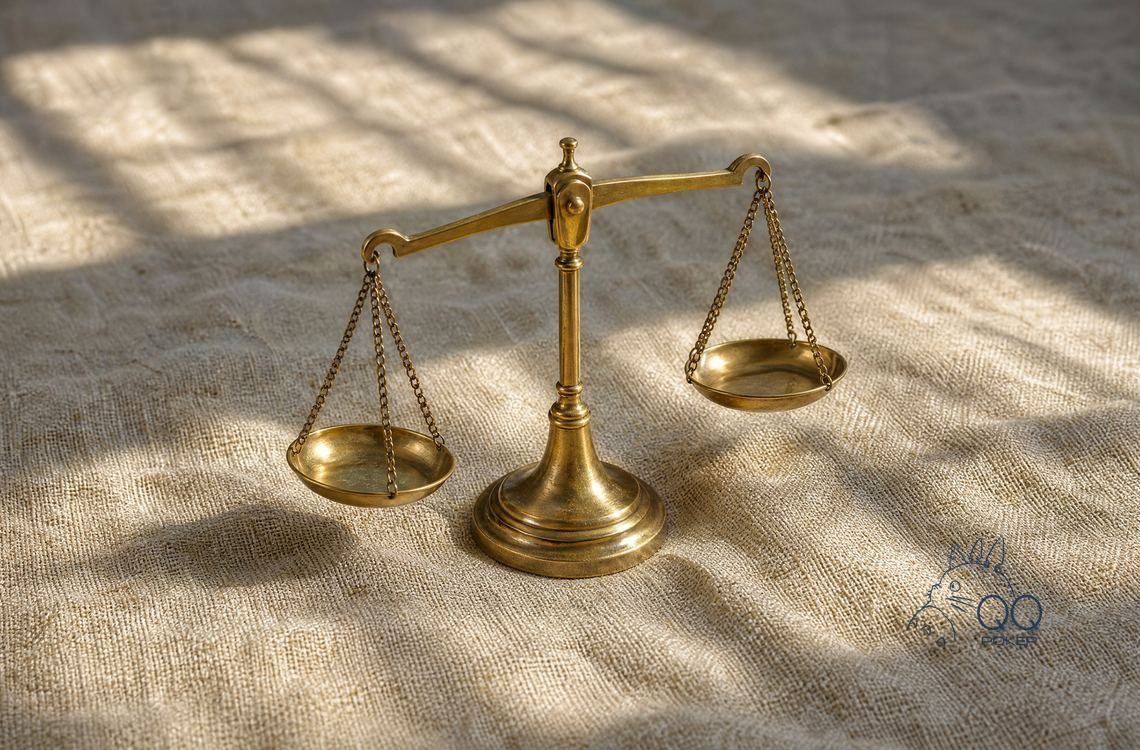 本色亚麻布上一台黄铜双盘天平,一端下沉一端翘起